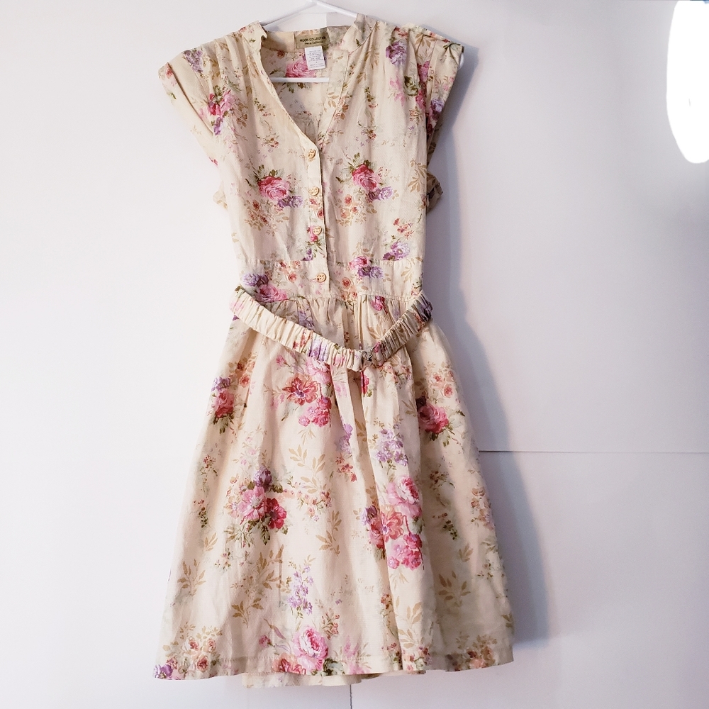 Moon Collection Cream Floral Print Dress with Belt